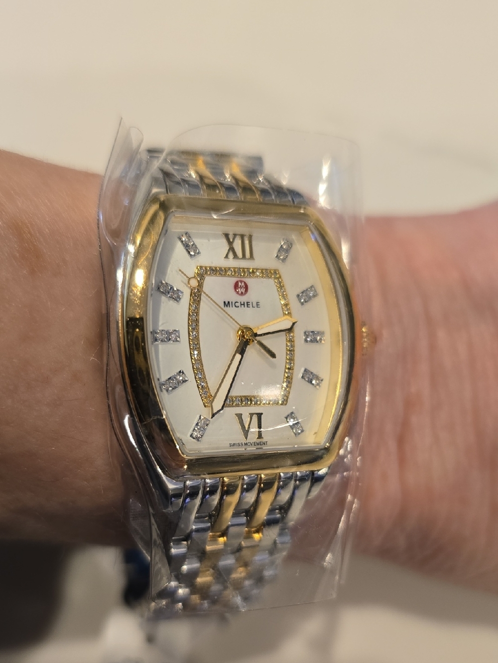 NEW MICHELE RELEVE MOP DIAMOND DIAL GOLD TWO TONE WATCH MWW19B000004 NEW In BOX - Picture 10 of 11